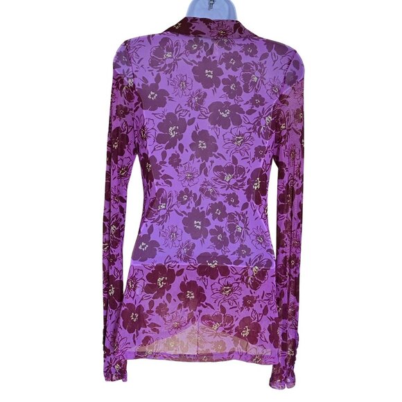 Free People Sheer Ruched Button Down Purple Floral Mesh Blouse coquette colorful - Picture 5 of 7